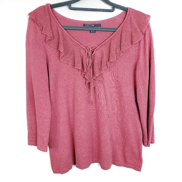 American Living | Size Medium Coral Linen Cotton Blend Ruffle Hem V Neck Blouse - Picture 1 of 6